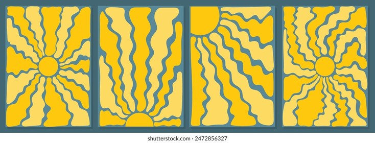Fondos de sol abstractos retro Groovy.  Formas de garabatos orgánicos en estilo hippie de moda de los años 60 y 70. Plantilla de póster con estampado contemporáneo. Ilustración vectorial de Vertical