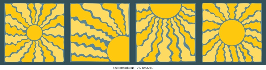 Groovy retro abstract sun backgrounds.  Organic doodle shapes in trendy naive hippie 60s 70s style. Contemporary square poster print template. Vector illustration