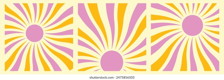 Groovy retro abstract sun backgrounds. Organic doodle shapes in trendy naïve hippie style. Contemporary poster print banner template. Vertical Wavy vector illustration.