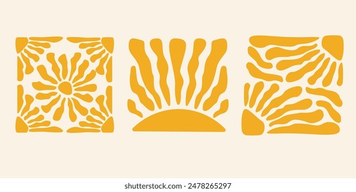 Groovy retro abstract sun backgrounds. Organic doodle shapes in trendy naive hippie 60s 70s style. Contemporary poster print banner template. Square wavy vector illustration in yellow colors. 