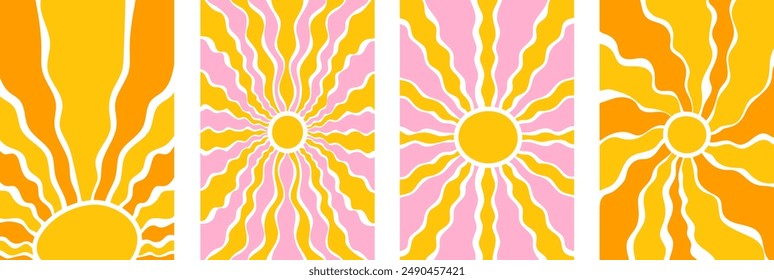 Fondos de sol abstractos retro groovy con Formas de garabatos orgánicos en un estilo hippie naive de moda de los años 60 y 70.