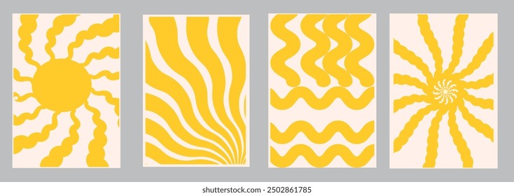 Groovy retro abstract sun backgrounds. Organic doodle shapes in trendy naive hippie 60s 70s style. Contemporary poster print banner template. HorizontalWavy vector illustration in yellow colors.