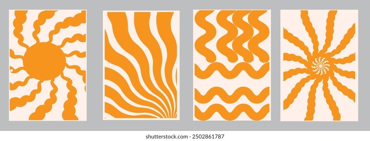 Groovy retro abstract sun backgrounds. Organic doodle shapes in trendy naive hippie 60s 70s style. Contemporary poster print banner template. HorizontalWavy vector illustration in yellow colors.