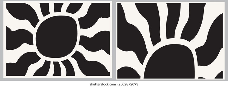 Groovy retro abstract sun backgrounds. Organic doodle shapes in trendy naive hippie 60s 70s style. Contemporary poster print banner template. HorizontalWavy vector illustration in yellow colors.