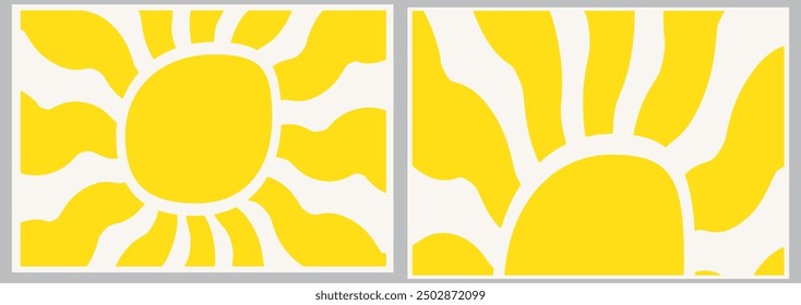 Groovy retro abstract sun backgrounds. Organic doodle shapes in trendy naive hippie 60s 70s style. Contemporary poster print banner template. HorizontalWavy vector illustration in yellow colors.