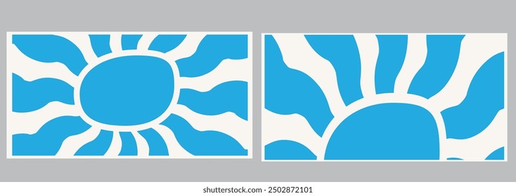 Groovy retro abstract sun backgrounds. Organic doodle shapes in trendy naive hippie 60s 70s style. Contemporary poster print banner template. HorizontalWavy vector illustration in yellow colors.