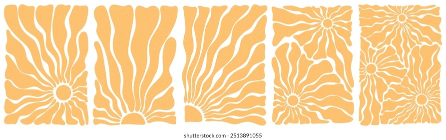Groovy retro abstract sun backgrounds with vintage grainy texture on transparent background. Sun groovy vertical design elements set. Groovy sunburst. Matisse sun background. Various sun burst hippie