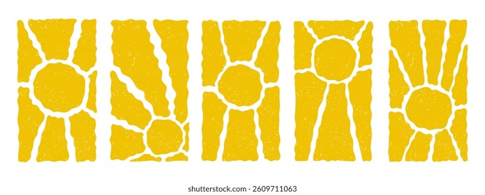 Groovy retro abstract sun backgrounds. Organic doodle shapes in trendy naive hippie 60s 70s style. Contemporary poster print banner template. Vertical Wavy vector illustration in yellow colors.