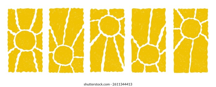 Groovy retro abstract sun backgrounds. Organic doodle shapes in trendy naive hippie 60s 70s style. Contemporary poster print banner template. Vertical Wavy vector illustration in yellow colors. 