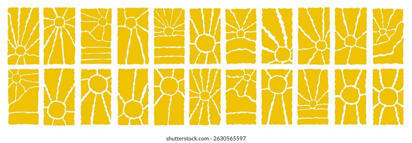 Groovy retro abstract sun backgrounds. Organic doodle shapes in trendy naive hippie 60s 70s style. Contemporary poster print banner template. Vertical wavy vector illustration in yellow colors.