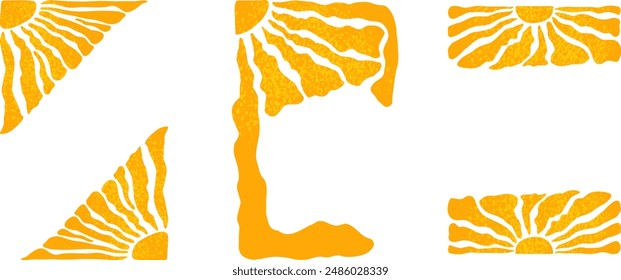 Groovy retro abstract sun Frames in trendy naive hippie 60s 70s style. Contemporary poster print banner template. Vertical Wavy vector illustration in yellow colors.