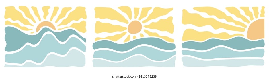 La puesta de sol abstracta y rugosa en un entorno marino. formas de doodle en un estilo hippie de moda de los años 70. Ilustración vectorial ondulada cuadrada en colores amarillos.