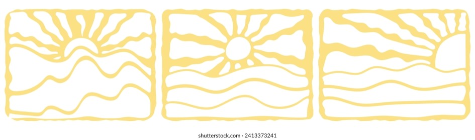 La puesta de sol abstracta y rugosa en un entorno marino. formas de doodle en un estilo hippie de moda de los años 70. Ilustración vectorial ondulada cuadrada en colores amarillos.