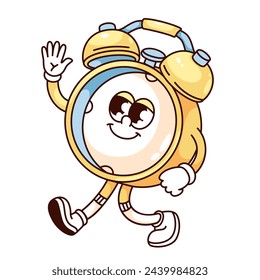 Groovy reloj despertador retro personaje de dibujos animados caminando y saludando. Divertido reloj clásico amarillo con campana, sorpresa y mañana llamada de despertar mascota, etiqueta engomada de alerta de dibujos animados de los años 70 80 estilo ilustración vectorial