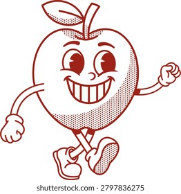 Groovy Retro Apple Character Walking with Confident Stride