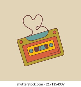 Groovy retro audio cassete in doodle style. Isolated vector illustrstion in 1970 style for t-shirt, stickers, posters and postcards.