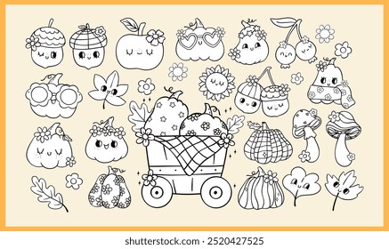 Groovy Retro Otoño Calabaza para Colorear Página de Imagen Clipart Conjunto con Otoño Vibe Doodle Outline Elementos