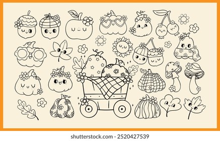 Groovy Retro Autumn Pumpkin Outline Doodle Clip art Set avec des Éléments d'ambiance d'automne