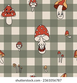 Groovy retro Autumn seamless pattern. Cozy retro vibe of 70s. Cute funny different mushrooms characters on checkered background. Trendy vintage illustration in cartoon hand drawn style