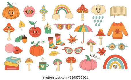 Groovy retro autumn set. Fall psychedelic cute icons 60s, 70s. Hippie aesthetic collection. Fall vibes decorative vector flat symbols. 