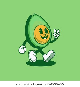 Groovy retro avocado comical cartoon character. 60s cheerful tropical fruit mascot, vintage cute walking avocado sticker or groovy funny isolated vector personage. Hippie happy food character