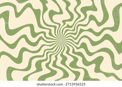 Fundo retro Groovy com padrão de raios ondulados verdes psicodélicos espirais. 70s abstrato vetor de redemoinho design de explosão solar. Cartaz hippie radial funky vintage. Listrado divertido circular bg