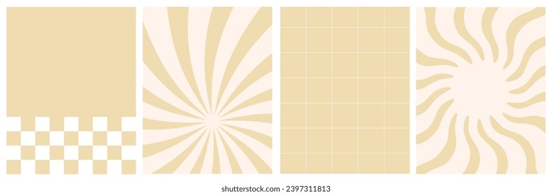 Groovy retro backgrounds of the 60s, 70s in beige palette. Chess board, wavy patterns. Vector posters with lines, mesh, squares, in groovy style. Distorted vector texture for posters in Y2K aesthetic.