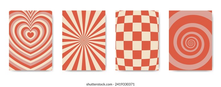 Groovy retro backgrounds in 70s style set. Heart, checkerboard, spiral, rays trendy textures.