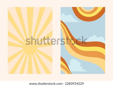 Groovy retro backgrounds pack with blue sky and sun, clouds and rainbow, vector illustrations