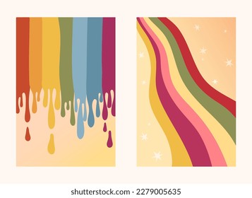 Groovy retro backgrounds pack with rainbow and dripping multicolored paint, 70s nostalgia positive posters