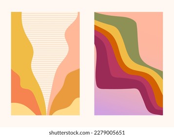 Mostrador retro Groovy empacado con arco iris y ondas multicolores, afiches nostalgia positiva de los años 70, conjunto vectorial