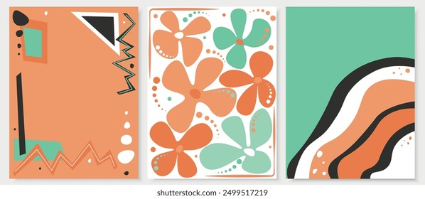 Groovy Retro backgrounds Set, Minimal, Abstract Poster, Geometric Banner, Floral Cover, Wavy Template, Vector Illustration	
