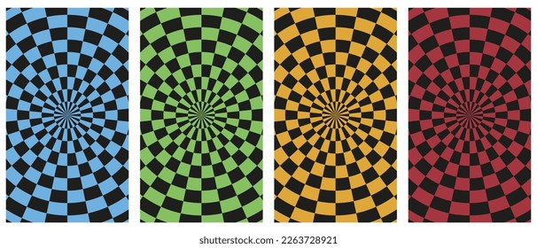 Groovy retro backgrounds set in psychedelic checkered backdrop style. Minimalist abstract design with a 60s 70s aesthetic vibe.Vector