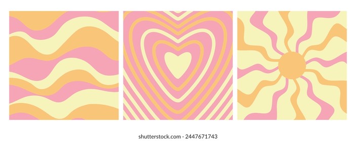 Groovy retro backgrounds. Sun with rays, heart and waves. Hippie 60s, 70s style. Vector illustration