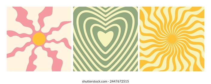 Groovy retro backgrounds. Sun with rays, heart and flower. Hippie 60s, 70s style. Vector illustration