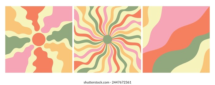 Groovy retro backgrounds. Sunburst, flower and waves. Hippie 60s, 70s style. Vector illustration