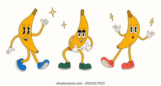 Groovy retro banana cartoon character set. Vector vintage illustration.