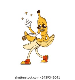 Bonito personaje de dibujos animados retro banana. Pegatina de fruta tropical divertida retro, personaje feliz de los años 60 o personaje de vector aislado alegre groovy. Vintage lindo plátano mascota con gafas de sol