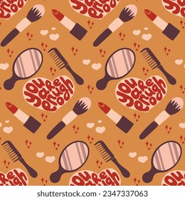 Groovy retro beauty lettering seamless pattern. Hand drawn slogan You Are Enough in heart shape with make up elements. Selflove concept. perfect for home decoration, textile, wrapping