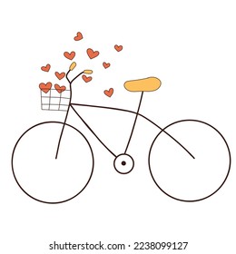 Groovy retro bike with hearts on a white background. Vector illustration in flat hand drawn style. Happy Valentines Day 70s 60s retro style.