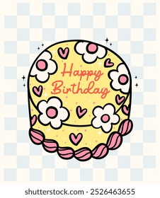 Groovy Retro Birthday Cake yellow with white daisy flowers Doodle Pastel Bold Line Festive Design idea for greeting card