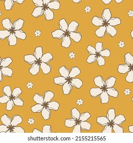 Groovy retro boho flower seamless pattern, vintage 70s digital paper hand drawn background for fabric, textile, stationery, wallpaper