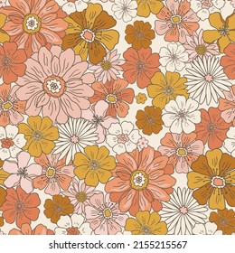 Groovy retro boho flower seamless pattern, vintage 70s digital paper hand drawn background for fabric, textile, stationery, wallpaper