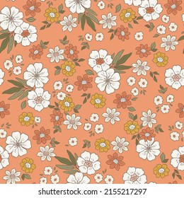 Groovy retro boho flower seamless pattern, vintage 70s digital paper hand drawn background for fabric, textile, stationery, wallpaper