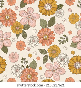 Groovy retro boho flower seamless pattern, vintage 70s digital paper hand drawn background for fabric, textile, stationery, wallpaper