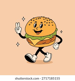 Groovy carácter de hamburguesa retro. Ilustración vectorial plana. etiqueta engomada groovy de la hamburguesa