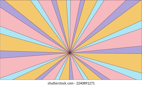 Groovy retro burst sun rays background. Vintage colorful abstract geometric pattern. Vector summer hippie carnival illustration for poster, flyer, greeting card, banner.