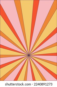 Groovy retro burst sun rays background. Vintage colorful abstract geometric pattern. Vector summer hippie carnival illustration for poster, flyer, greeting card, banner.