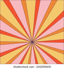 Groovy retro burst sun rays background. Vintage colorful abstract geometric pattern. Vector summer hippie carnival illustration for poster, flyer, greeting card, banner.