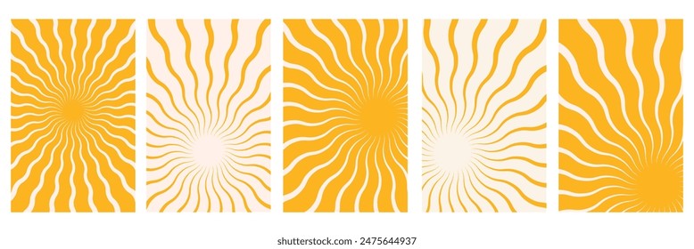 Groovy retro burst sun rays background. Vintage colorful abstract geometric pattern. Vector summer hippie carnival illustration for poster, greeting card, banner. Vector illustration. Eps file 83.